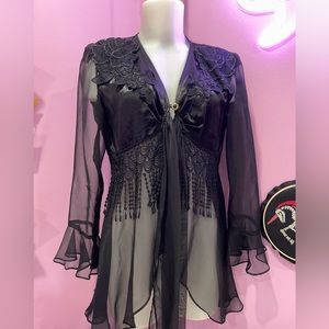 Vintage 90’s Lenovia formal top - Black w/appliqué + sequins - size Medium